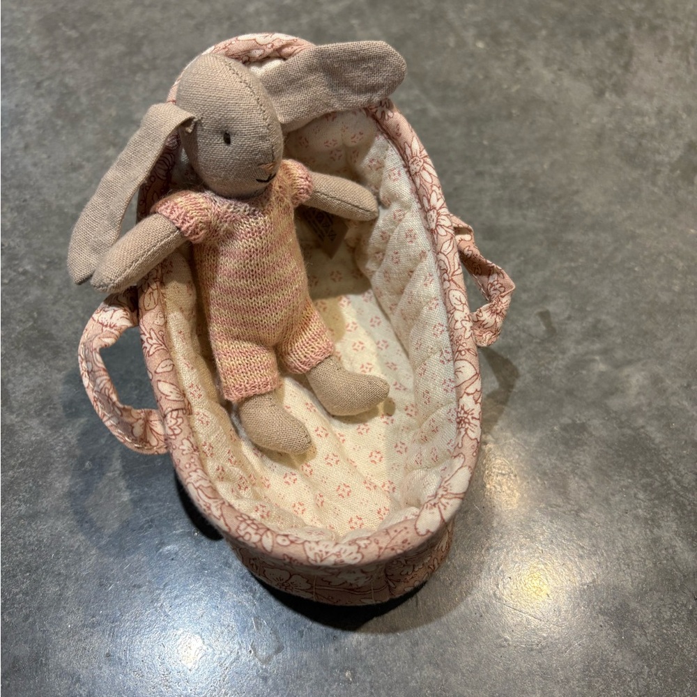 Maileg micro rabbit in cot . Pink.